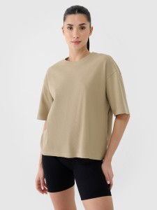 4F T-shirt regular z waflowej dzianiny damski - beżowy M