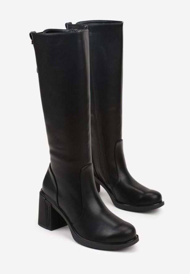 Czarne Kozaki VICES na Słupku ze Skóry Naturalnej Ozdobione Aplikacjami Refesa