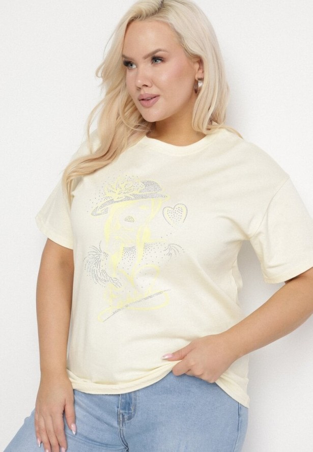 Jasnożółty T-shirt z Bawełny z Cyrkoniowym Nadrukiem Sovtebia