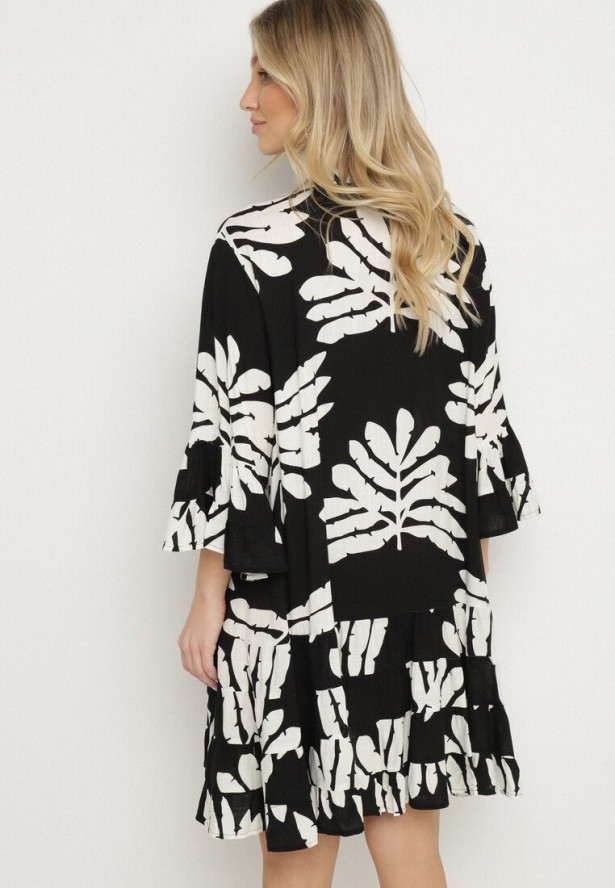 Czarna Wiskozowa Sukienka Koszulowa Ozdobiona Falbankami w Liście Edivonia