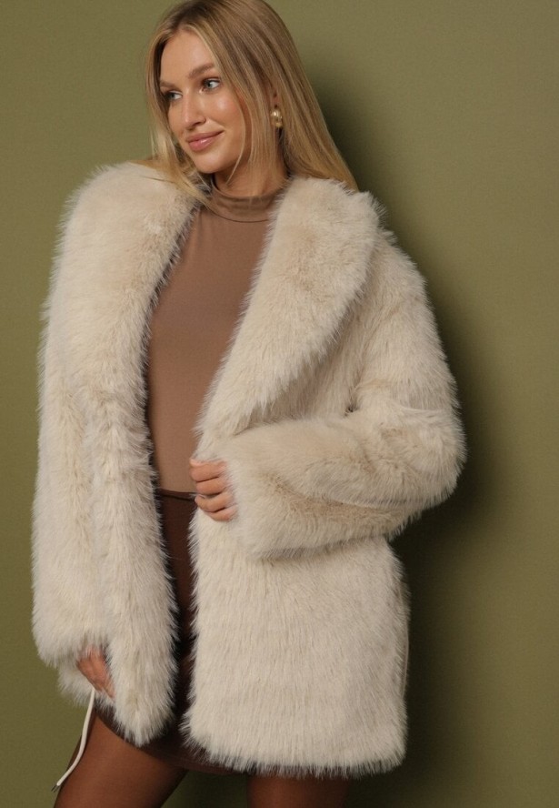 Beżowa Kurtka Futerko o Prostym Kroju z Cienkim Wiązanym Paskiem Casatte