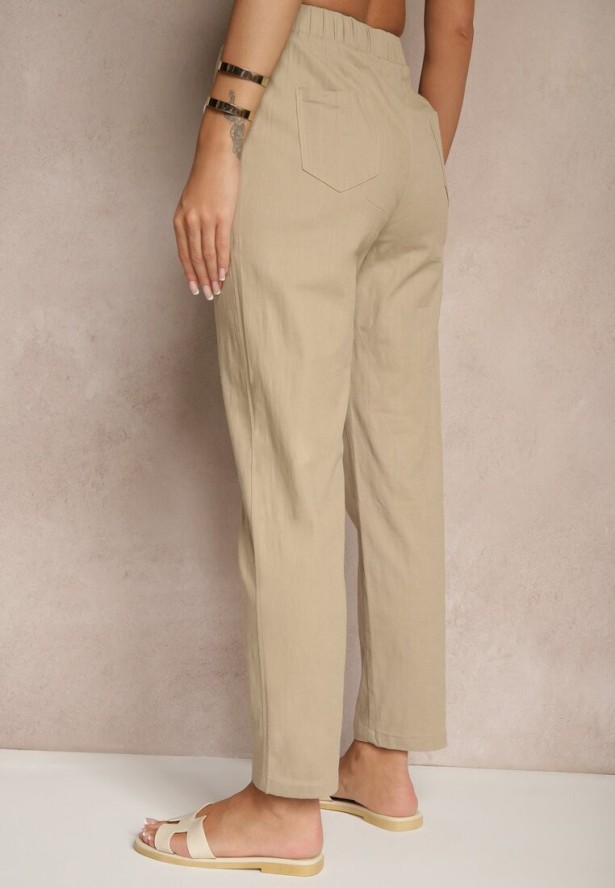 Ciemnobeżowe Bawełniane Spodnie ze Sznurkami Fenarlia