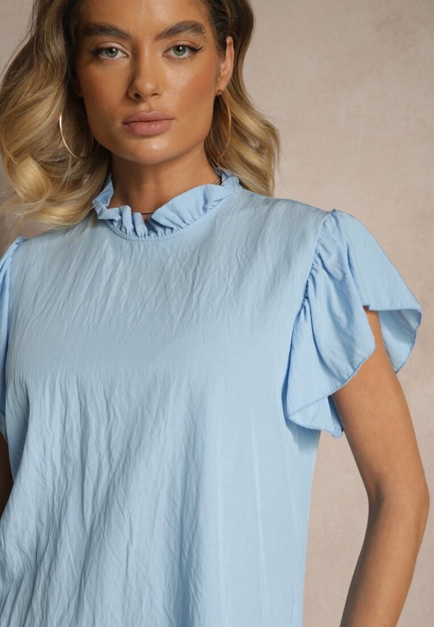 Niebieska Bluzka z Wiskozą i Falbankami Greloiti