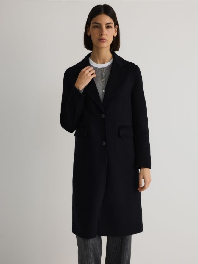 Flauszowy płaszcz z wełną - granatowy