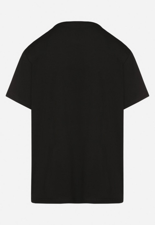 Czarny T-shirt Bawełniany z Napisem i Perełkami Nalinor