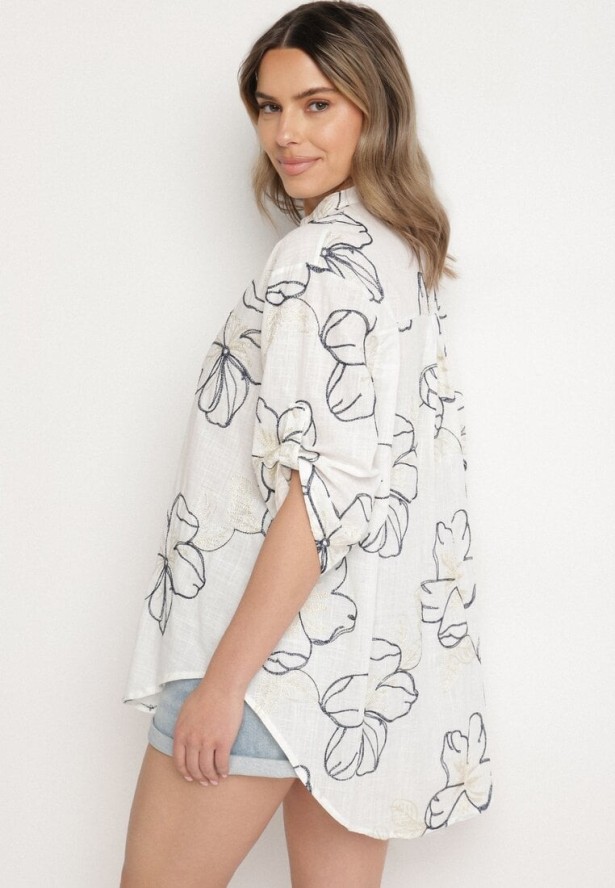 Biało-Granatowa Koszula o Kroju Oversize z Podpinanymi Rękawami Zdobiona Haftem Folirella