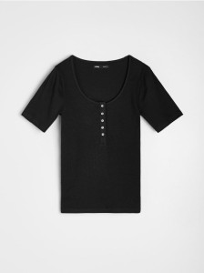 Prążkowana koszulka z guzikami - czarny
