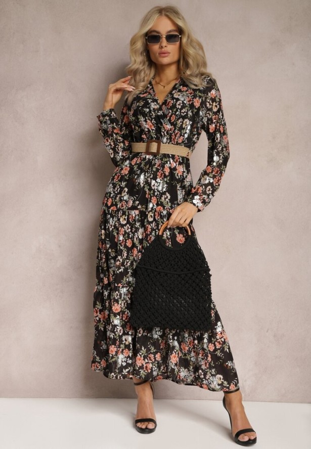 Czarna Sukienka Maxi z Plecionym Paskiem i Gumką w Talii w Kwiaty Elanisa
