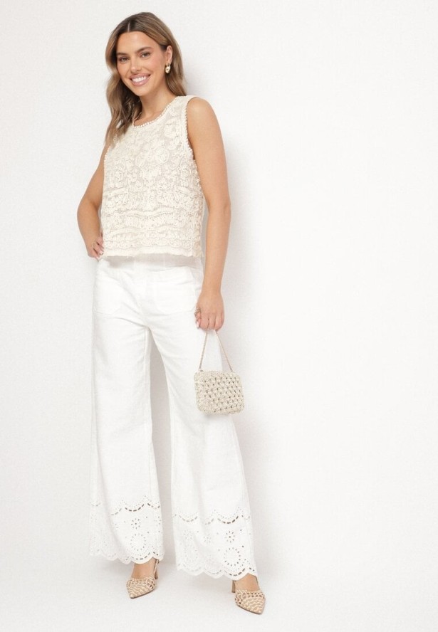 Beżowa Bawełniana Bluzka z Ażurowym Wzorem Viredia