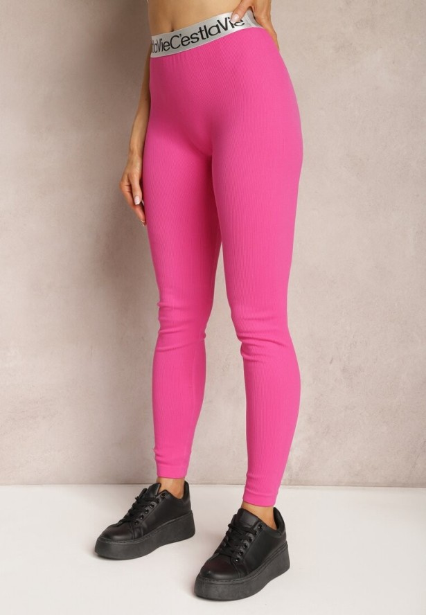 Fuksjowe Sportowe Legginsy Elastyczne z Ozdobną Szeroką Gumą w Pasie Larnode