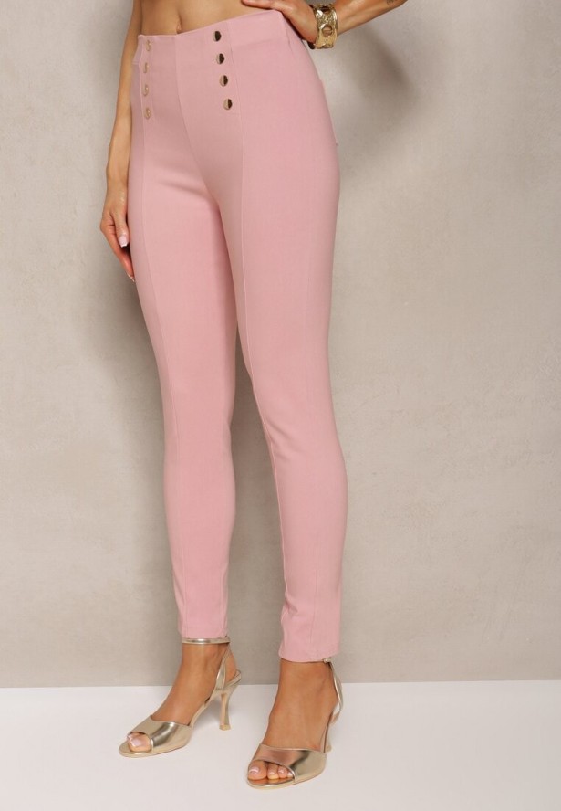 Różowe Spodnie Skinny z Ozdobnymi Napami Eclaria