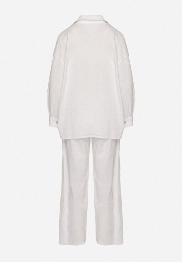 Biały Komplet z Lnu i Bawełny Koszula i Szerokie Spodnie Fenelli