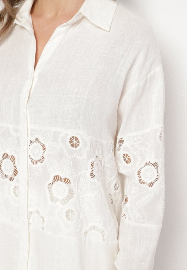 Biała Koszula z Lnem o Kroju Oversize z Ażurowymi Zdobieniami Dannilea