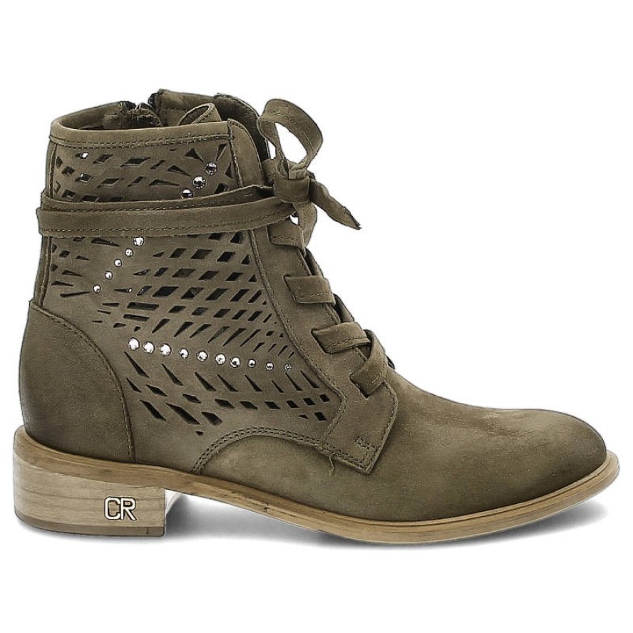 Zielone Botki Carinii Modne Skórzane Buty Damskie