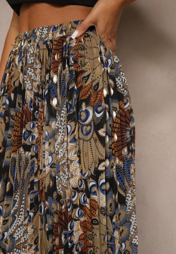 Czarna Spódnica Plisowana Ozdobiona Metalicznym Nadrukiem Firavenne