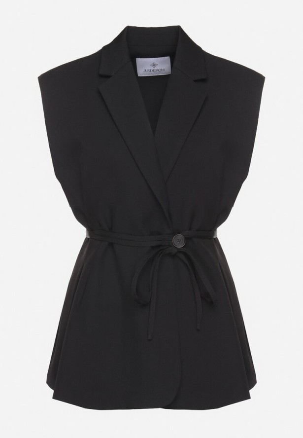 Czarna Garniturowa Kamizelka z Usztywnioną Linią Ramion i Paskiem Dannelli