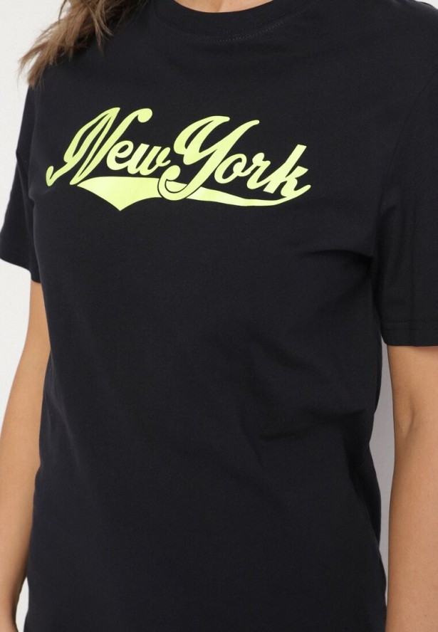 Granatowa Koszulka z Bawełny Ozdobiona Nadrukiem Evalenne