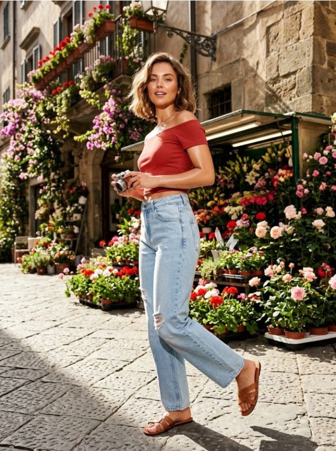 Crop top z krótkim rękawem - koralowy