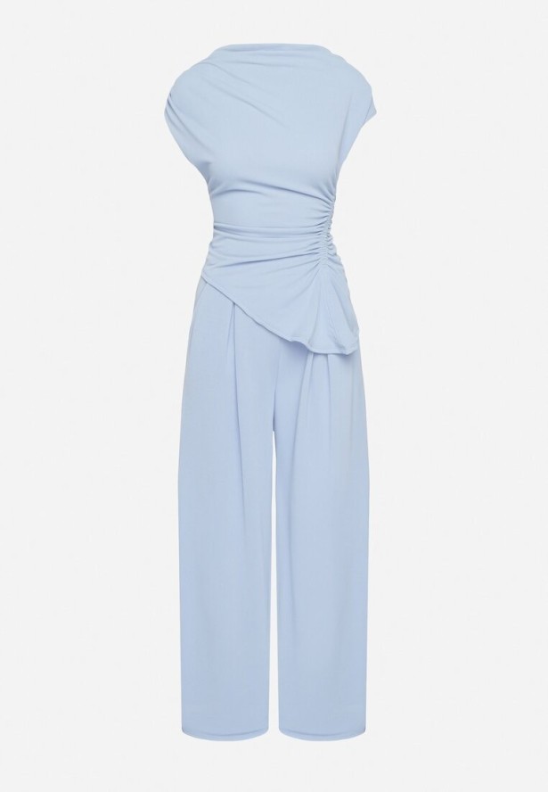 Niebieski Komplet Asymetryczna Bluzka z Marszczeniem i Szerokie Spodnie Filuriela