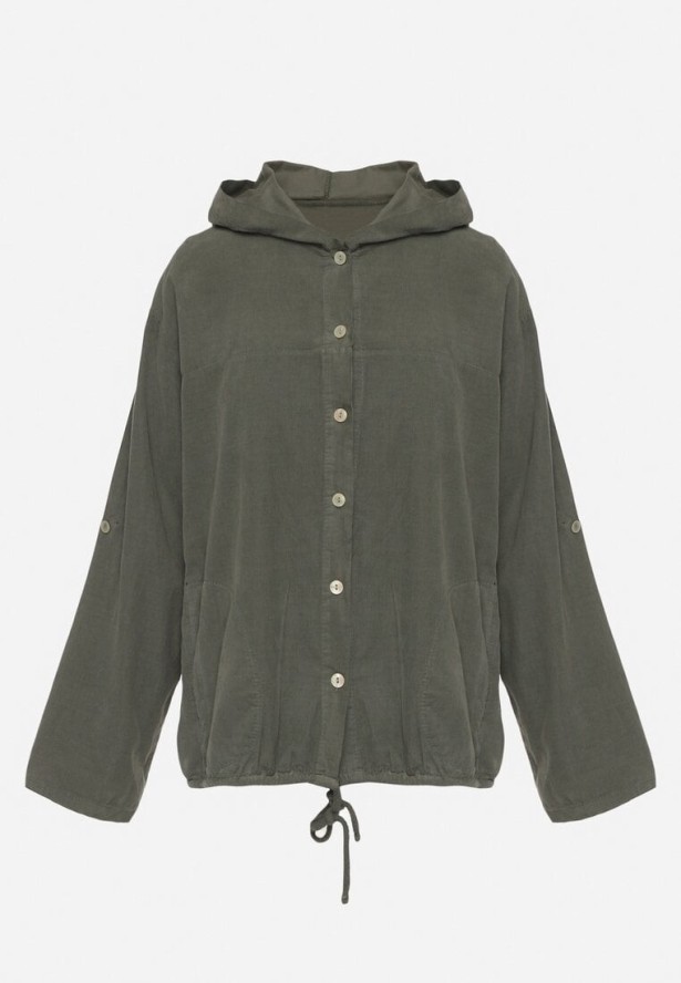 Ciemnozielona Bawełniana Koszula z Kapturem Ściągana w Pasie Felewen