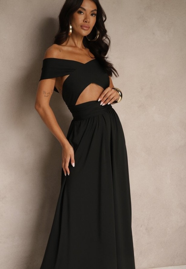 Czarna Sukienka Koktajlowa Multiway z Wiskozą Wiązana na Szyi Lilovea