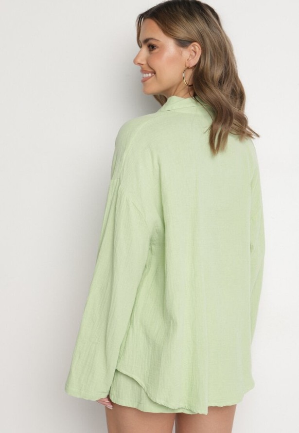 Jasnozielony Bawełniany Komplet Koszula z Regulowanymi Rękawami i Szorty Eleadelle