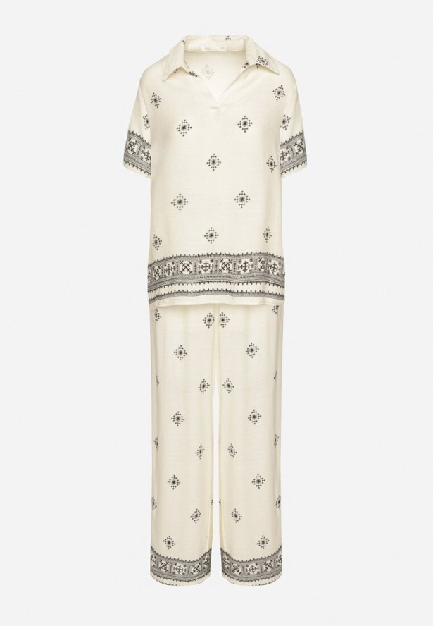 Jasnobeżowy Komplet z Wiskozy Bluzka z Krótkim Rękawem i Szerokie Spodnie Janavielle