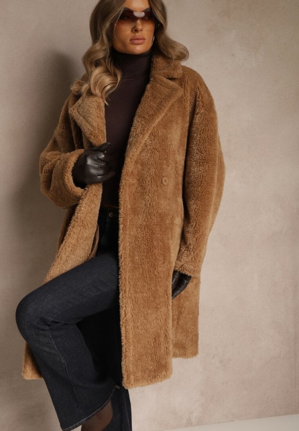 Brązowy Płaszcz Teddy o Dwurzędowym Kroju Oversize Azzena