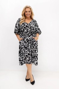 Sukienka Arie czarno-biała z paskiem | 100% kreszowana wiskoza | OVERSIZE PLUS SIZE LATO