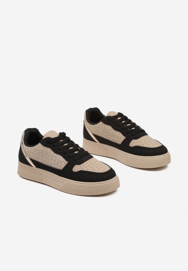 Beżowo-Czarne Sneakersy na Grubej Podeszwie z Brokatem Perforacją i Plecionką Mirreina