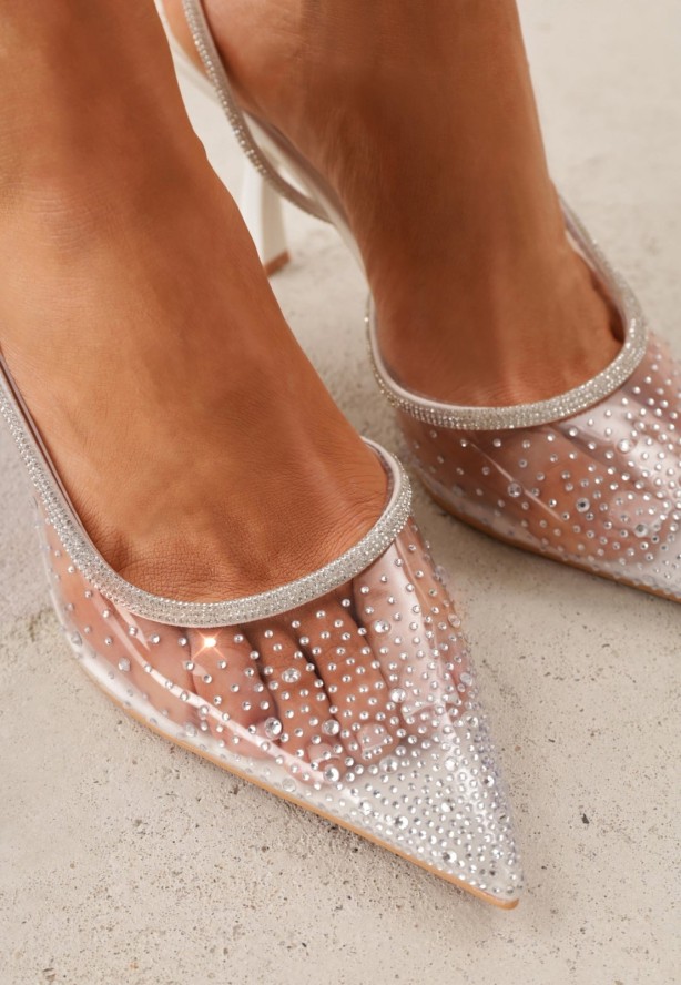 Białe Szpilki Slingback z Transparentną Cholewką i Cyrkoniami Liaceran