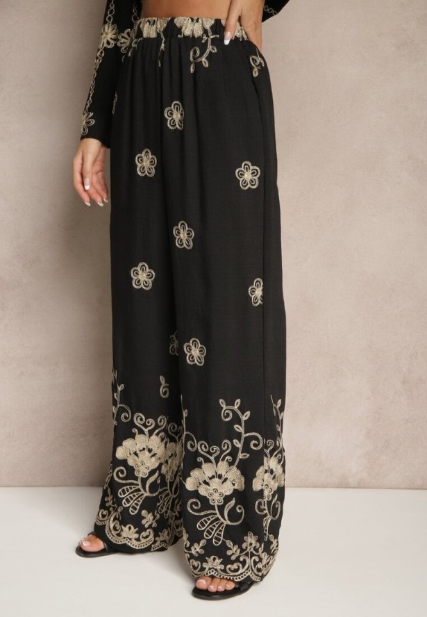 Czarny Komplet z Bawełny Koszula i Spodnie z Haftem z Metalicznymi Przeszyciami Banorea