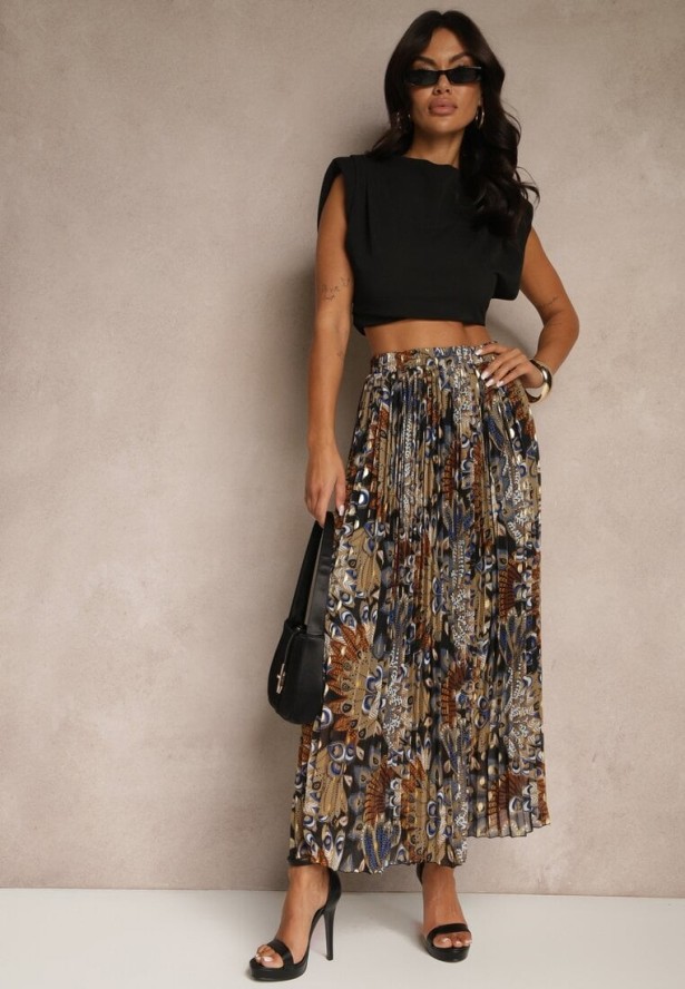 Czarna Spódnica Plisowana Ozdobiona Metalicznym Nadrukiem Firavenne