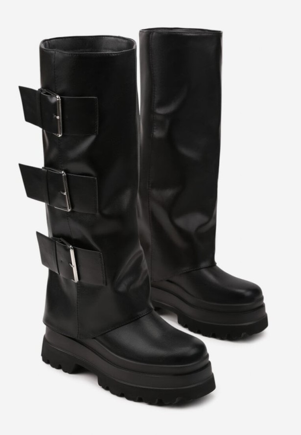 Czarne Kozaki Typu Biker na Platformie Ozdobione Klamrami i Wywiniętą Cholewką Ellisse