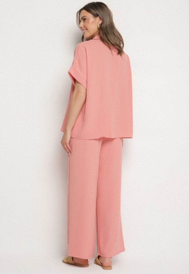 Różowy Komplet Koszula z Krótkim Rękawem i Szerokie Spodnie Maralissa