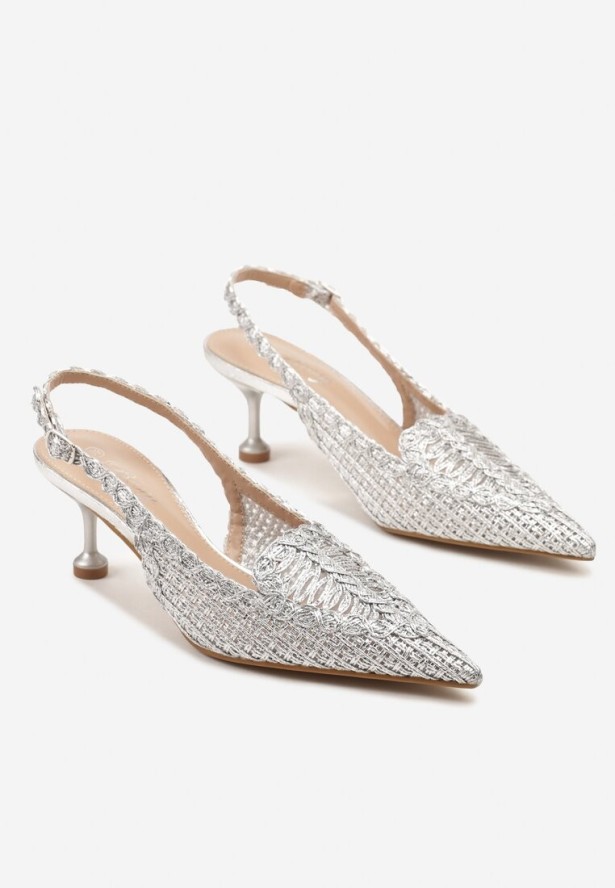 Srebrne Sandały na Szpilce z Geometrycznym Zdobieniem Typu Slingback Nevonira