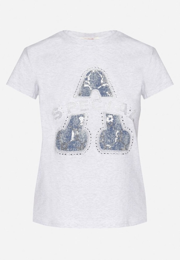 Jasnoszary Bawełniany T-shirt Ozdobiony Napisem i Cyrkoniami Isnorea