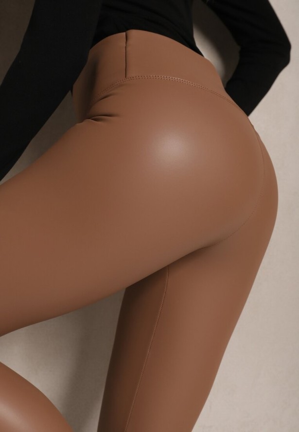 Jasnobrązowe Legginsy z Imitacji Skóry High Waist z Polarem Selabra