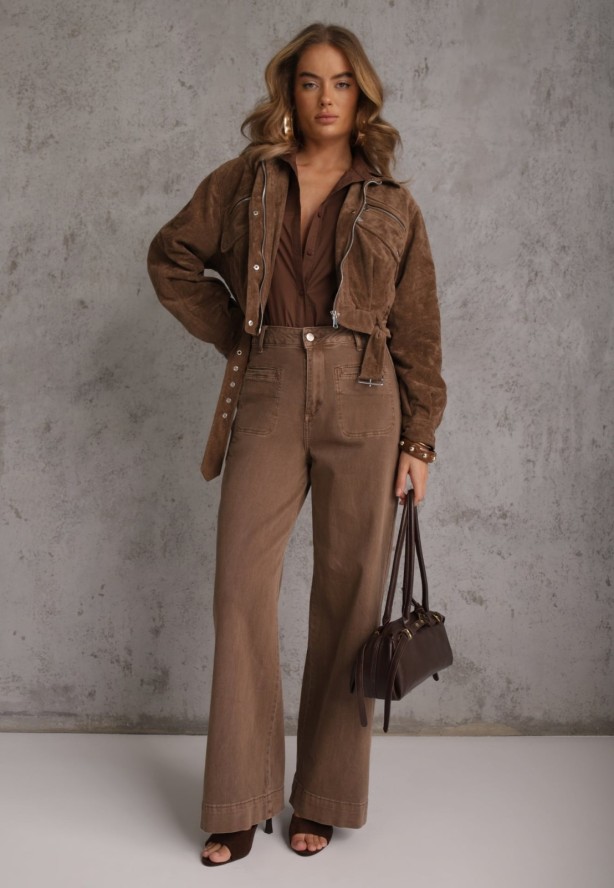 Brązowe Szerokie Jeansy High Waist z Bawełny Berinnessa