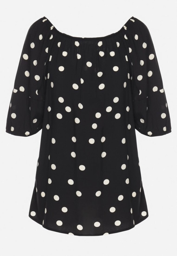 Czarna Bluzka ze Sztucznego Jedwabiu w Kropki z Dekoltem Łódką Lisavina