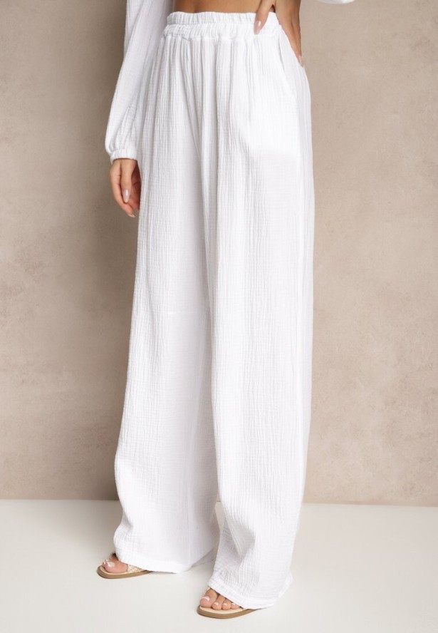 Biały Komplet z Bawełny Wiązana Bluzka i Szerokie Spodnie Palanniela