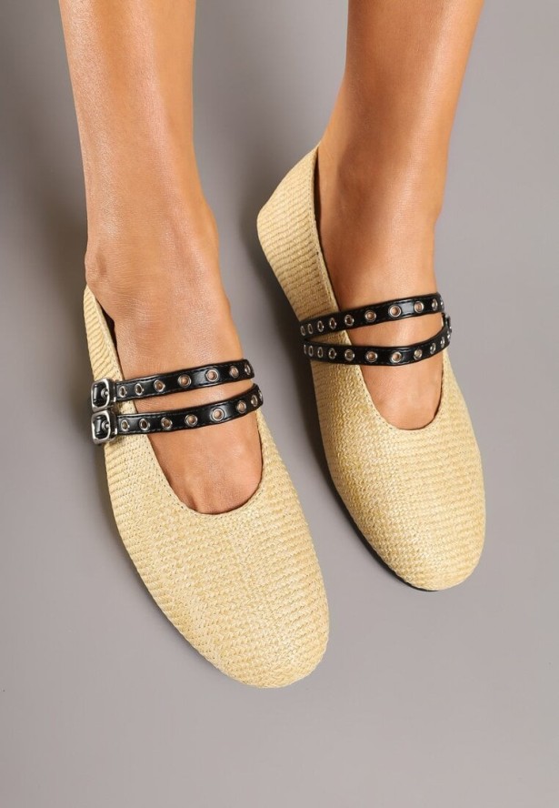 Beżowe Balerinki z Tweedowym Akcentem i Dwiem Sprzączkami Gavirna