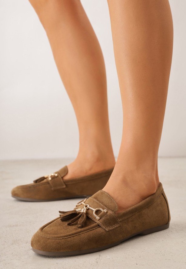 Ciemnobeżowe Mokasyny VICES z Modnymi Chwostami z Imitacji Zamszu z Wkładką z Naturalnej Skóry Calirea
