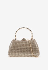 Złota Torebka Kopertówka na Ramię i do Ręki z Ozdobną Rączką i Cyrkoniami Latanella