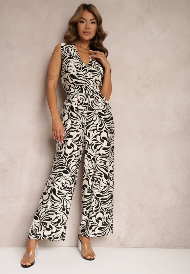 Czarno-Biały Kopertowy Kombinezon bez Rękawów z Długimi Nogawkami Yadia