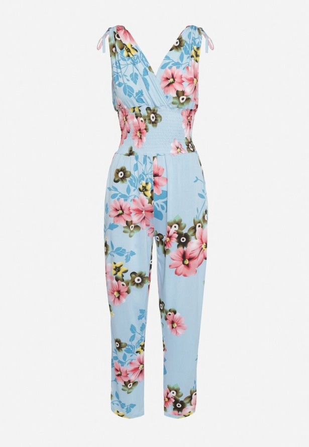 Jasnoniebieski Kombinezon w Kwiaty z Trójkątnym Dekoltem i Troczkami na Ramionach Benan
