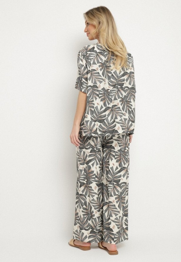 Szary Wiskozowy Komplet z Motywem Roślinnym Szerokie Spodnie i T-shirt Evianira