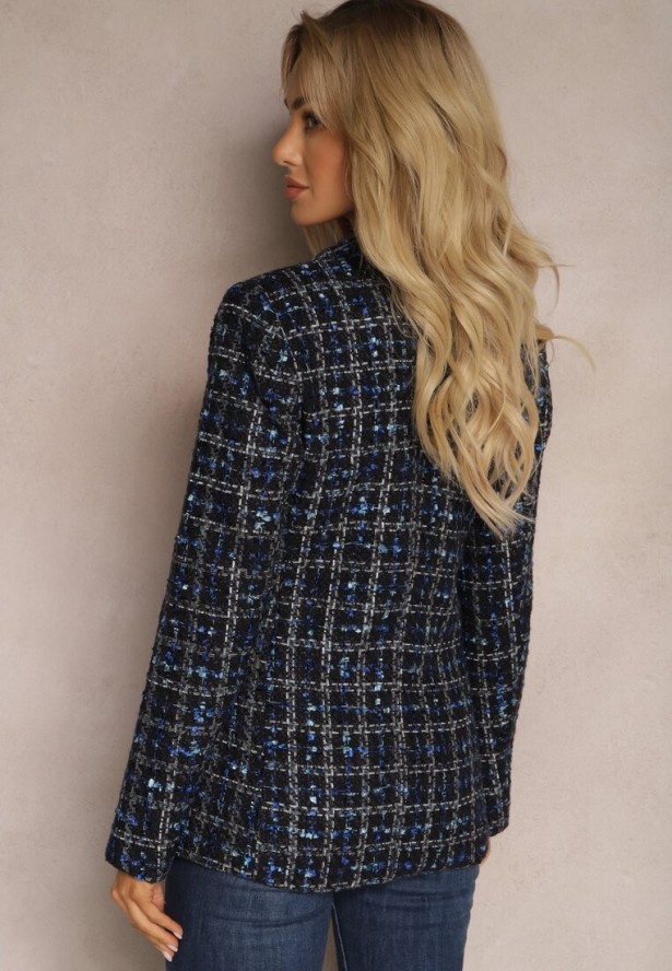 Czarno-Granatowa Tweedowa Marynarka Dwurzędowa Zapinana na Biżuteryjne Guziki Nallet