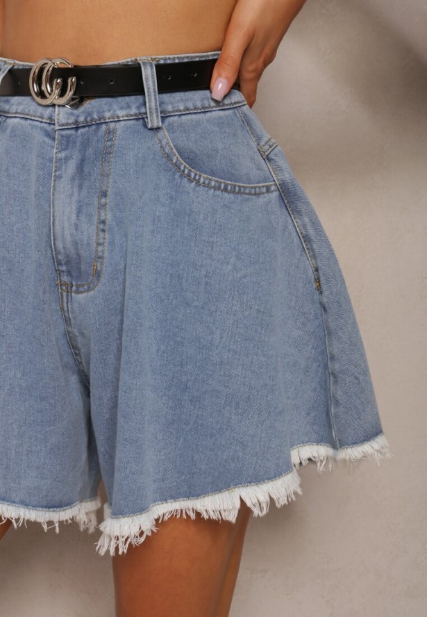 Granatowe Szorty Jeansowe o Luźnym Kroju z Paskiem z Klamrą Eleda