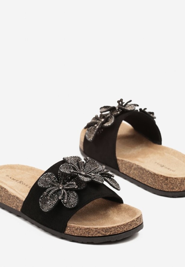 Czarne Klapki Ozdobione Aplikacjami Kwiatów i Cyrkoniami Lilima